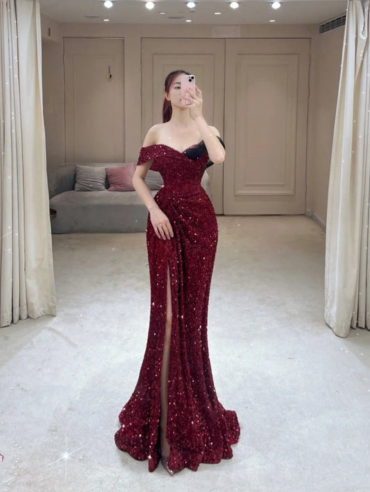 Glamorous Mermaid Off The Shoulder Sequin Burgundy Long Evening Party Gowns Evening Special Formal Dresses Prom Dress DH190