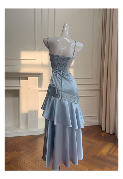 Sexy Mermaid Spaghetti Straps Dusty Blue Satin Long Prom Dresses Party Dress 20th Birthday Outfits Graduation Dresses DH1910