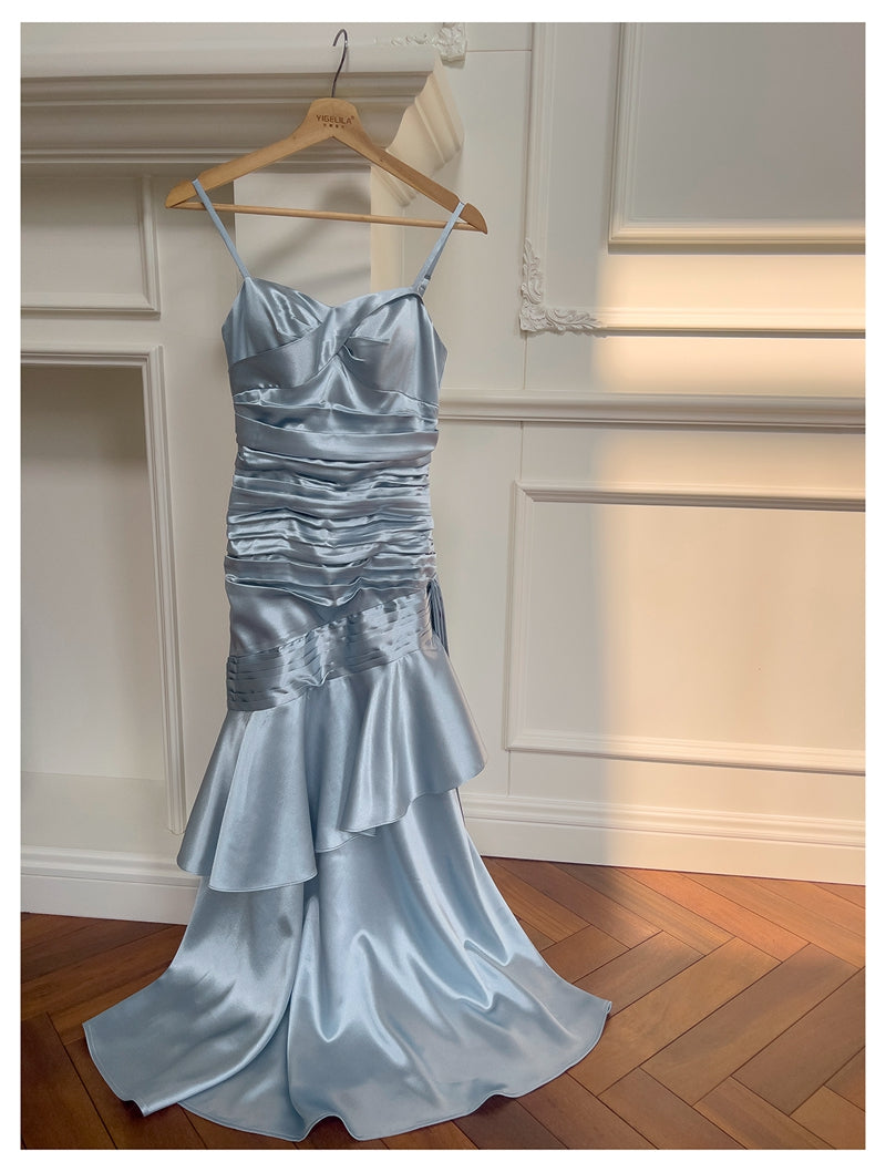 Simple Mermaid Spaghetti Straps Dusty Blue Satin Long Prom Dresses Party Dress 20th Birthday Outfits Graduation Dresses DH1911