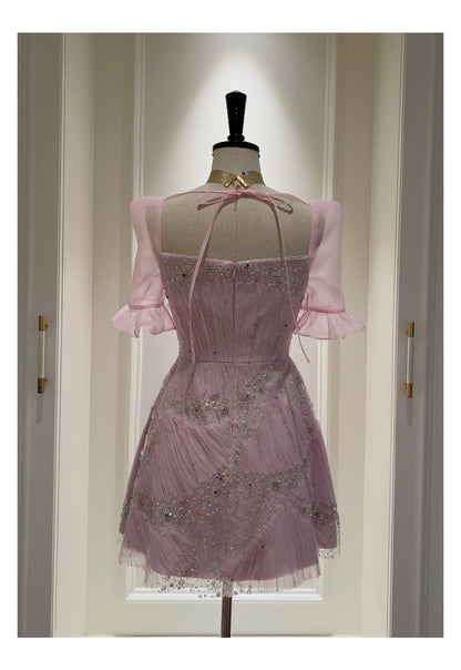 Cute A Line Square Neck Pink Sequin Grad Dress Inspo Short Mini Formal 8th Grade Homecoming Dresses High School Hoco Court Dress Graduation Dress Cocktail Dress 16th Birthday Outfits DH1916