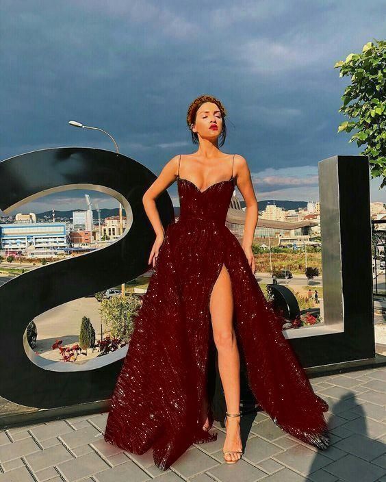 Glamorous A line Sweetheart Sleeveless Sequin Slit Burgundy Long Evening Party Gowns Evening Special Formal Dresses Prom Dress DH199