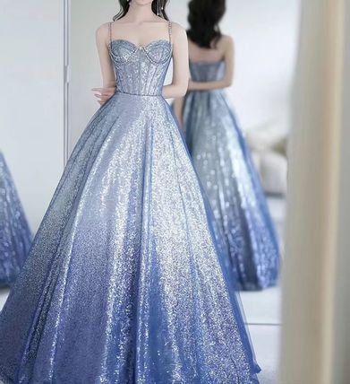 Sexy A line Spaghetti Straps Sequin Long Prom Dresses Party Dress 20th Birthday Outfits Graduation Dresses DH1990