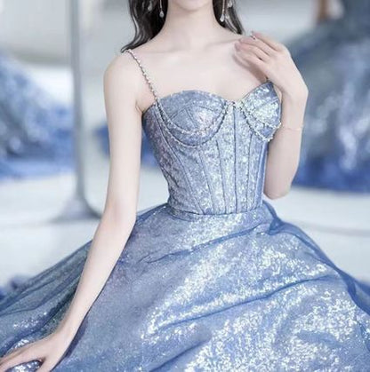 Sexy A line Spaghetti Straps Sequin Long Prom Dresses Party Dress 20th Birthday Outfits Graduation Dresses DH1990