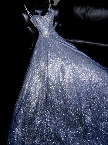 Sexy A line Spaghetti Straps Sequin Long Prom Dresses Party Dress 20th Birthday Outfits Graduation Dresses DH1990