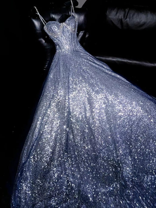 Sexy A line Spaghetti Straps Sequin Long Prom Dresses Party Dress 20th Birthday Outfits Graduation Dresses DH1990