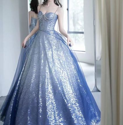 Sexy A line Spaghetti Straps Sequin Long Prom Dresses Party Dress 20th Birthday Outfits Graduation Dresses DH1990