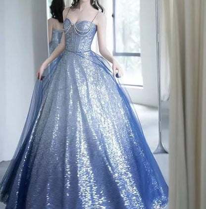 Sexy A line Spaghetti Straps Sequin Long Prom Dresses Party Dress 20th Birthday Outfits Graduation Dresses DH1990