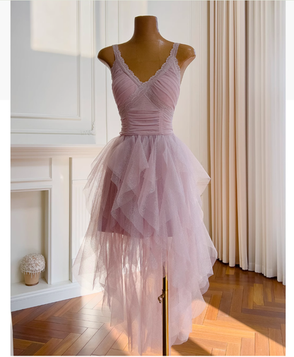 Cute A line Straps Tulle Pink Layers Short Mini Formal 8th Grade Homecoming Dresses Middle School Short Cocktail Dress Hoco Outfits DH1991