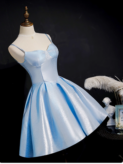 Simple A line Spaghetti Straps Blue Satin Formal 8th Grade Homecoming Dresses Middle School Short Birthday Gowns Graduation Dress Hoco Outfits DH1997