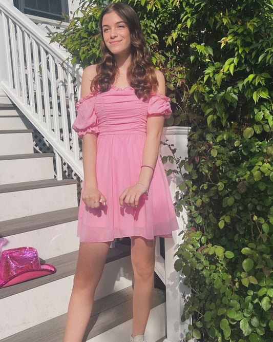 Cute A Line Off The Shoulder Chiffon Pink Formal 8th Grade Homecoming Dresses Middle School Short Cocktail Gowns Graduation Dress Hoco Outfits DH2029