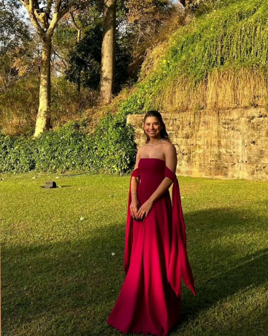 Classy A line Strapless Burgundy Long Chiffon Formal Prom Gown Summer Wedding Guest Dress Bridal Guest Dresses Wedding Outfits For Guest DH2036