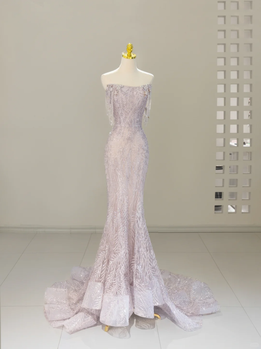 Sexy Mermaid Strapless Lilac Sequin Long Prom Dresses Party Dress 20th Birthday Outfits Graduation Dresses DH2054