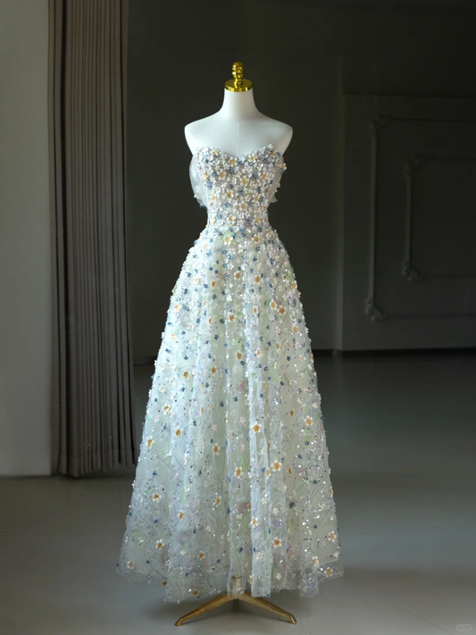 Fairy-tale A Line Sweetheart Floral Sequin Long Prom Dresses Party Dress 20th Birthday Outfits Graduation Dresses DH2069