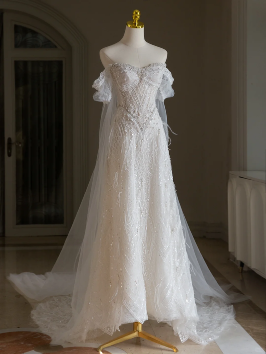 Unique Wedding Dress A Line Off The Shoulder Sequin Short Sleeves 70s Wedding Dresses Bridal Gowns DH2073
