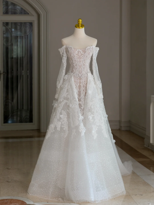 Unique Wedding Dress A Line Off The Shoulder Lace Long Sleeves 70s Wedding Dresses Bridal Gowns DH2077
