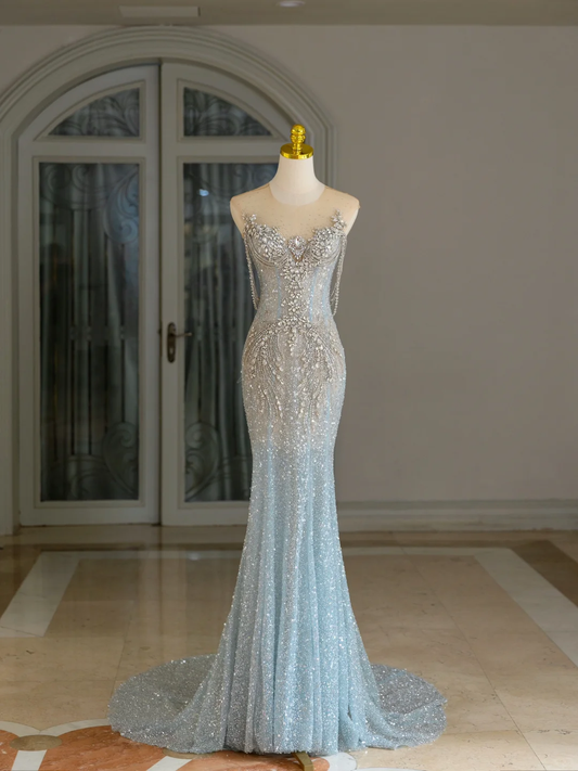 Sexy Mermaid Scoop Neck Light Blue Sequin Long Prom Dresses Party Dress 20th Birthday Outfits Graduation Dresses DH2078