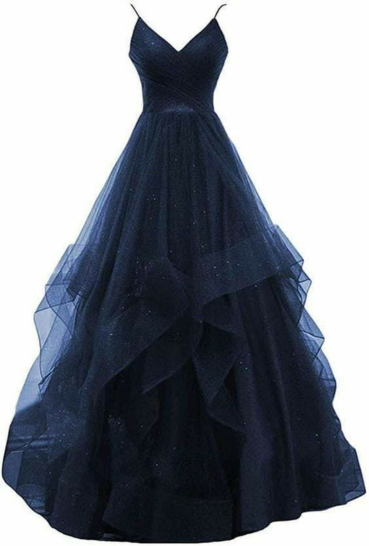 Simple Ball Gown Spaghetti Straps Navy Blue Tulle Sleeveless Long Evening Party Gowns Evening Dress Special Formal Dresses Prom Dress DH207