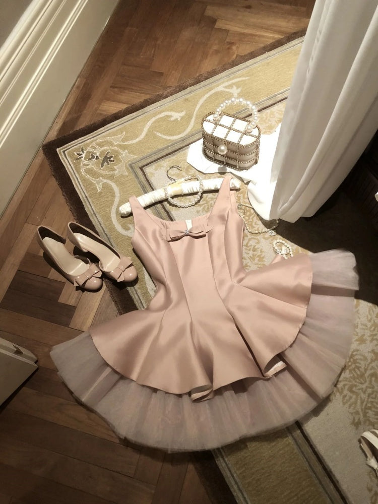 Unique A line Scoop Pink Satin Short Mini Formal 8th Grade Homecoming Dresses Middle School Short Cocktail Dress Hoco Outfits DH2096