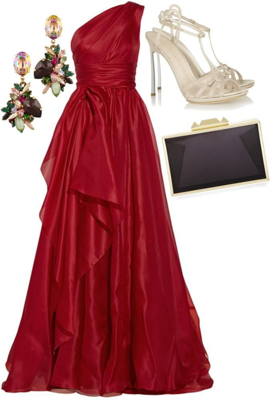 Glamorous A line One Shoulder Sleeveless Red Organza Long Evening Party Gowns Evening Special Formal Dresses Prom Dress DH210