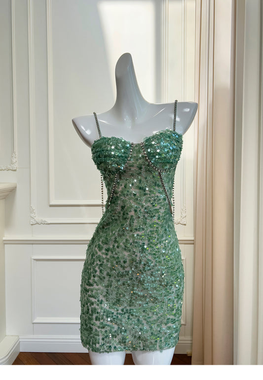 Modest Sheath Spaghetti Straps Sequin Green Formal 8th Grade Homecoming Dresses Middle School Short Birthday Gowns Graduation Dress Hoco Outfits DH2106