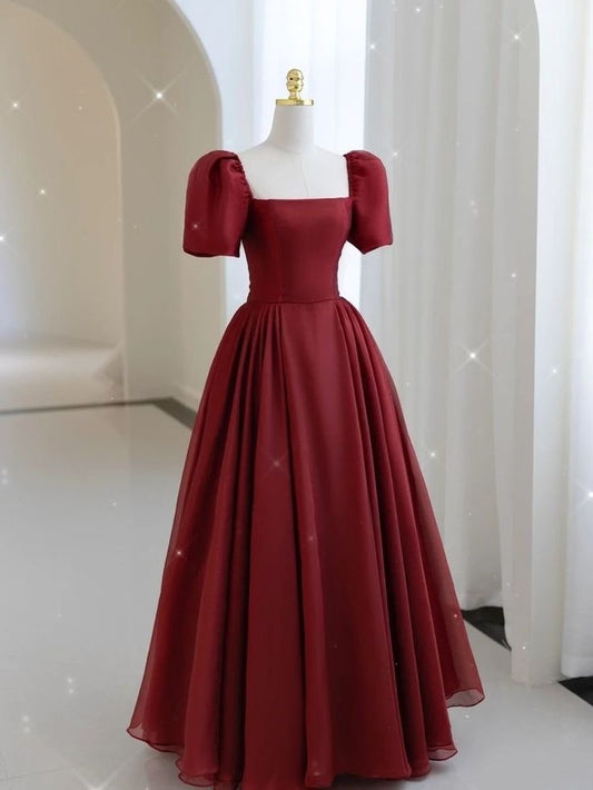 Glamorous A line Square Neck Short Sleeves Wine Red Chiffon Long Evening Party Gowns Evening Special Formal Dresses Prom Dress DH211