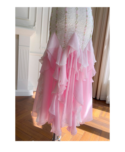 Sexy Mermaid Spaghetti Straps Pink Chiffon Long Prom Dresses Party Dress 20th Birthday Outfits Graduation Dresses DH2116