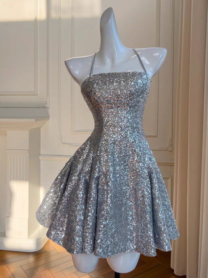 Sexy Ball Gown Halter Sequin Silver Backless Short Mini Formal 8th Grade Homecoming Dresses Middle School Short Birthday Gowns Graduation Dress Hoco Outfits DH2121