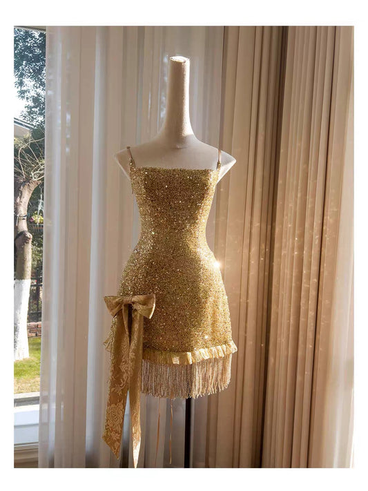 Modest Sheath Spaghetti Straps Gold Sequin Formal 8th Grade Homecoming Dresses Middle School Short Birthday Gowns Graduation Dress Hoco Outfits DH2123