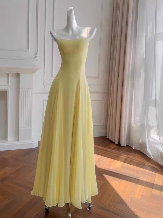 Simple A line Spaghetti Straps Yellow Chiffon Long Prom Dresses Party Dress 20th Birthday Outfits Graduation Dresses DH2128