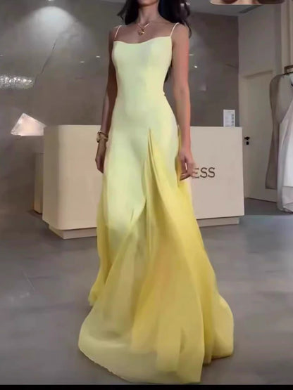 Simple A line Spaghetti Straps Yellow Chiffon Long Prom Dresses Party Dress 20th Birthday Outfits Graduation Dresses DH2128