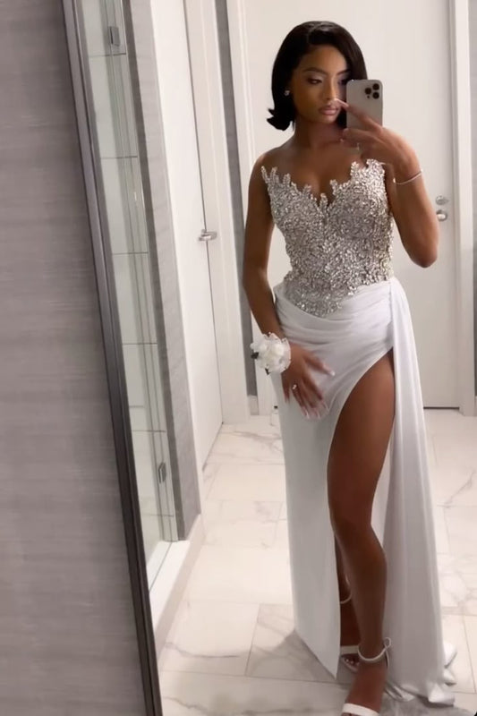 Sexy Mermaid Sweetheart Silver Gray Sequin White Long Prom Dresses Party Dress 20th Birthday Outfits Graduation Dresses DH2136