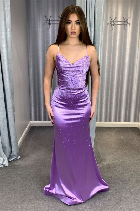 Elegant Mermaid Spaghetti Straps Light Grape With Beads Sleeveless Long Evening Party Gowns Evening Dress Special Formal Dresses Prom Dress DH214