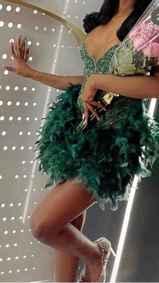 Aesthetic Sheath V Neck Dark Green Tight Mini Feathers Formal Homecoming Dress Short Cocktail Outfits Graduation Dress Hoco Dress DH2165