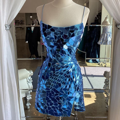 Robe fourreau à bretelles spaghetti, bleu roi, moulante, à paillettes, tenue de soirée, courte, robe de cocktail, robe de remise de diplôme, robe Hoco DH2172