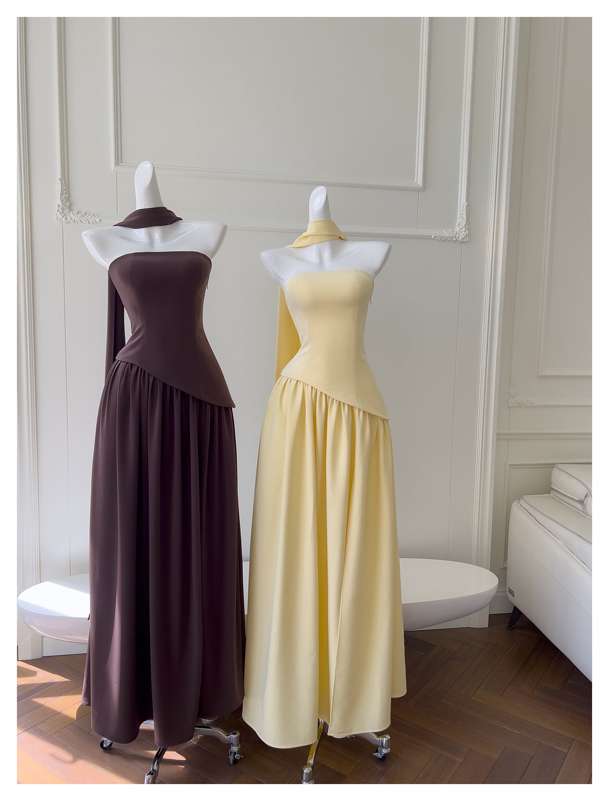 Simple A Line Strapless Yellow Chiffon Long Prom Dresses Party Dress 20th Birthday Outfits Graduation Dresses DH217