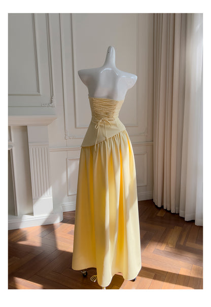 Simple A Line Strapless Yellow Chiffon Long Prom Dresses Party Dress 20th Birthday Outfits Graduation Dresses DH217