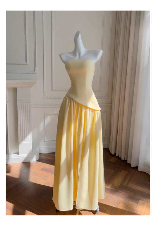 Simple A Line Strapless Yellow Chiffon Long Prom Dresses Party Dress 20th Birthday Outfits Graduation Dresses DH217