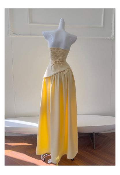 Simple A Line Strapless Yellow Chiffon Long Prom Dresses Party Dress 20th Birthday Outfits Graduation Dresses DH217