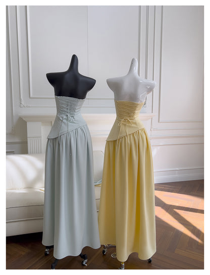 Simple A Line Strapless Yellow Chiffon Long Prom Dresses Party Dress 20th Birthday Outfits Graduation Dresses DH217