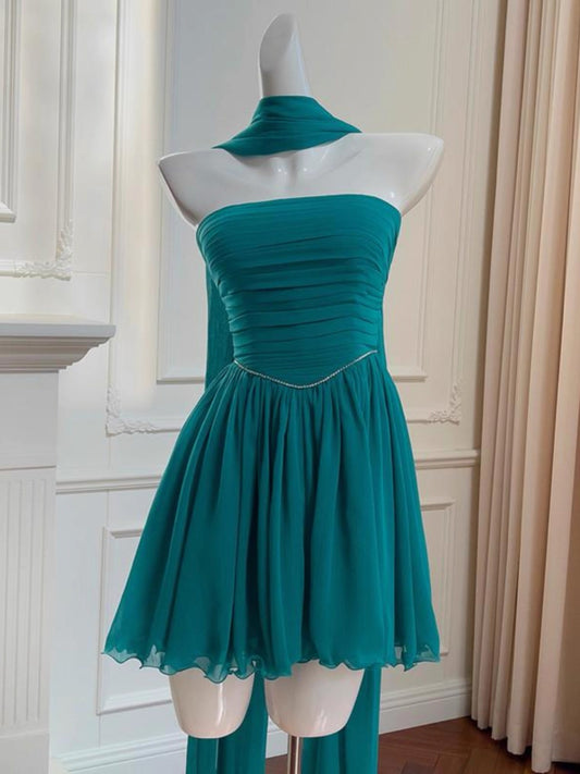 Ästhetisches A-Linien-trägerloses Chiffon-Mini-Heimkehrkleid für die Mittelschule, kurzes Outfit zum 19. Geburtstag, Abschlusskleid, Hoco-Kleider DH2181