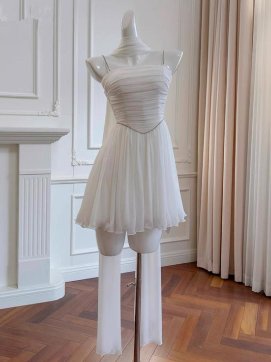Ästhetisches A-Linie Spaghettiträger Weiß Chiffon Formales Mini-Heimkehrkleid Middle School Kurzes 19. Geburtstags-Outfits Abschlusskleid Hoco Kleider DH2182