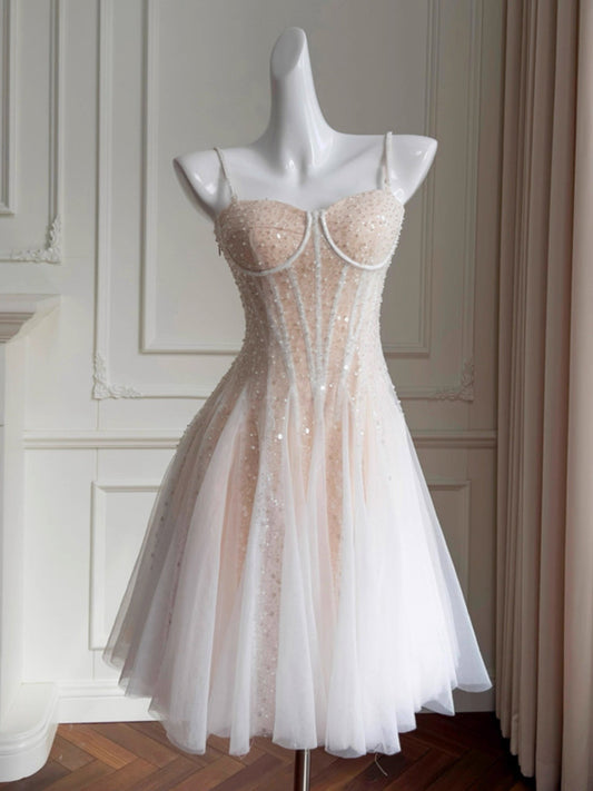Ästhetisches A-Linie Spaghettiträger Champagner Tüll Formales Mini-Heimkehrkleid Kurzes 17. Geburtstags-Outfits Abschlusskleid Hoco Kleider DH2193
