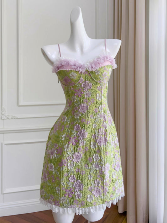 Ästhetisches A-Linien-Spaghettiträger-Blumenmuster-formelles Mini-Heimkehrkleid, kurzes Outfit zum 17. Geburtstag, Abschlusskleid, Hoco-Kleid DH2194