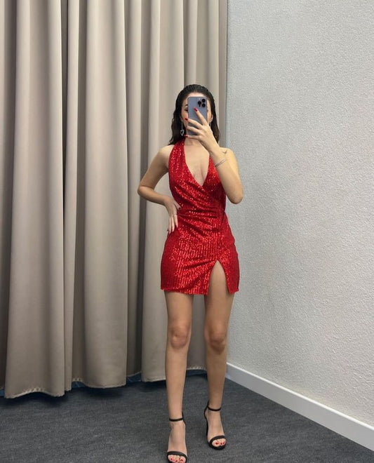 Cute Sheath Halter Red Sequin Mini Short Formal 8th Grade Homecoming Dresses Summer Middle School Hoco Dress Homecoming Outfits DH221