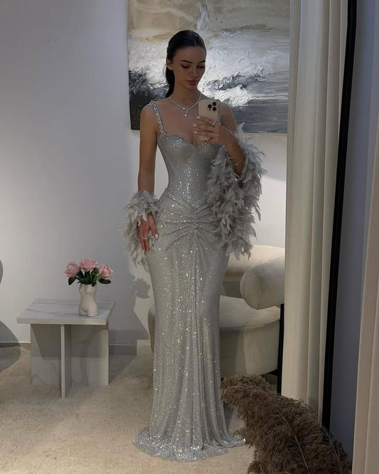 Sexy Mermaid Straps Silver Sequin Long Prom Dresses Party Dress 20th Birthday Outfits Graduation Dresses DH2217
