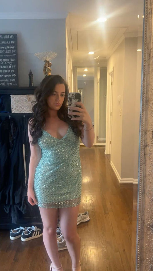 Sexy Sheath Spaghetti Straps Sequin Mint Green Short Formal Homecoming Dress Middle School Short 16th Birthday Outfits Graduation Dress Cocktail Dresses DH2227