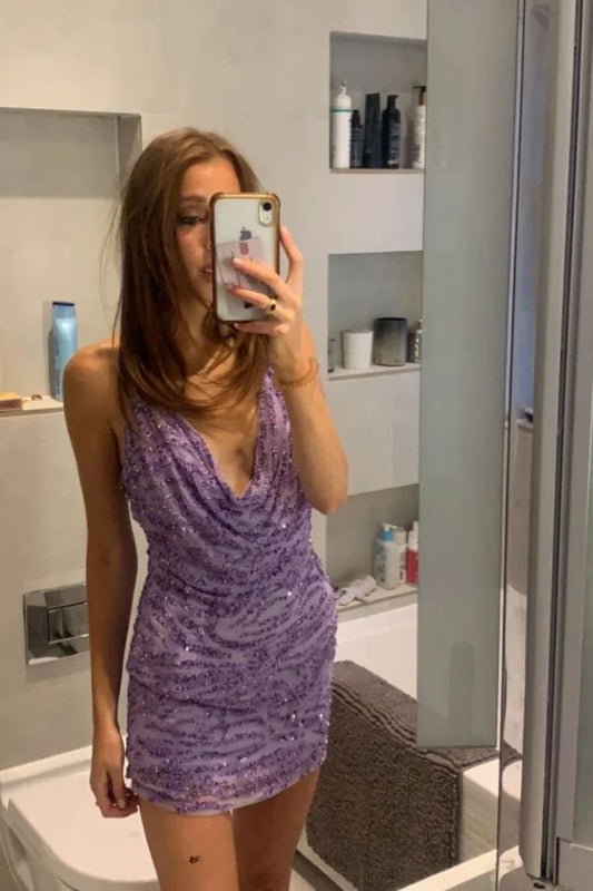 Sexy Sheath Halter Grape Sequin Short Formal Homecoming Dress Middle School Short 16th Birthday Outfits Graduation Dress Cocktail Dresses DH2230