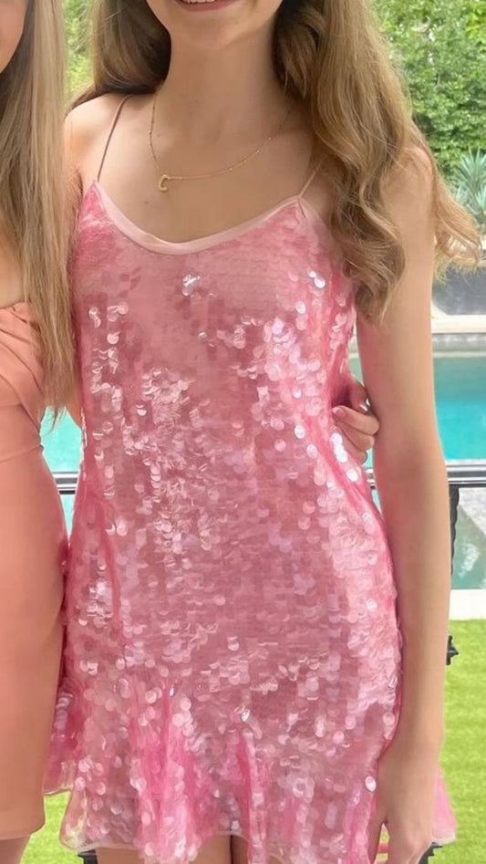 Pretty A line Spaghetti Straps Pink Sequin Short Formal Homecoming Dresses Middle School Short 21st Birthday Outfits Graduation Dress Mini Cocktail Dresses DH2240