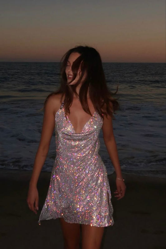 Modest A line Halter Sequin Short Formal Homecoming Dress Middle School Short 18th Birthday Outfits Graduation Dress Cocktail Dresses DH2245