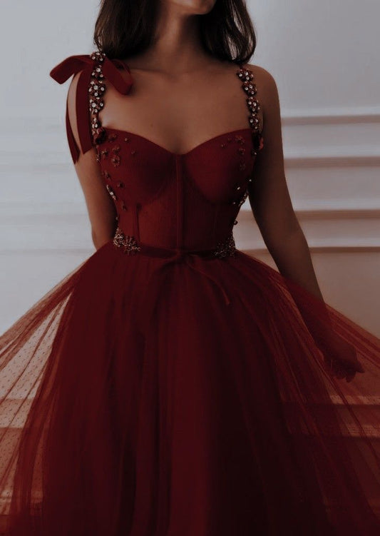Elegant A Line Spaghetti Straps Burgundy Tulle Sleeveless Long Evening Party Gowns Evening Formal Dresses Prom Dress DH225
